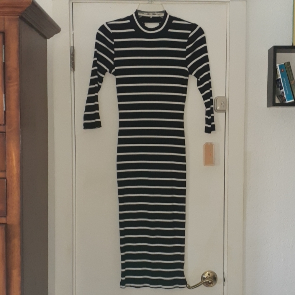 Black and White Striped Copper Key Midi Dress